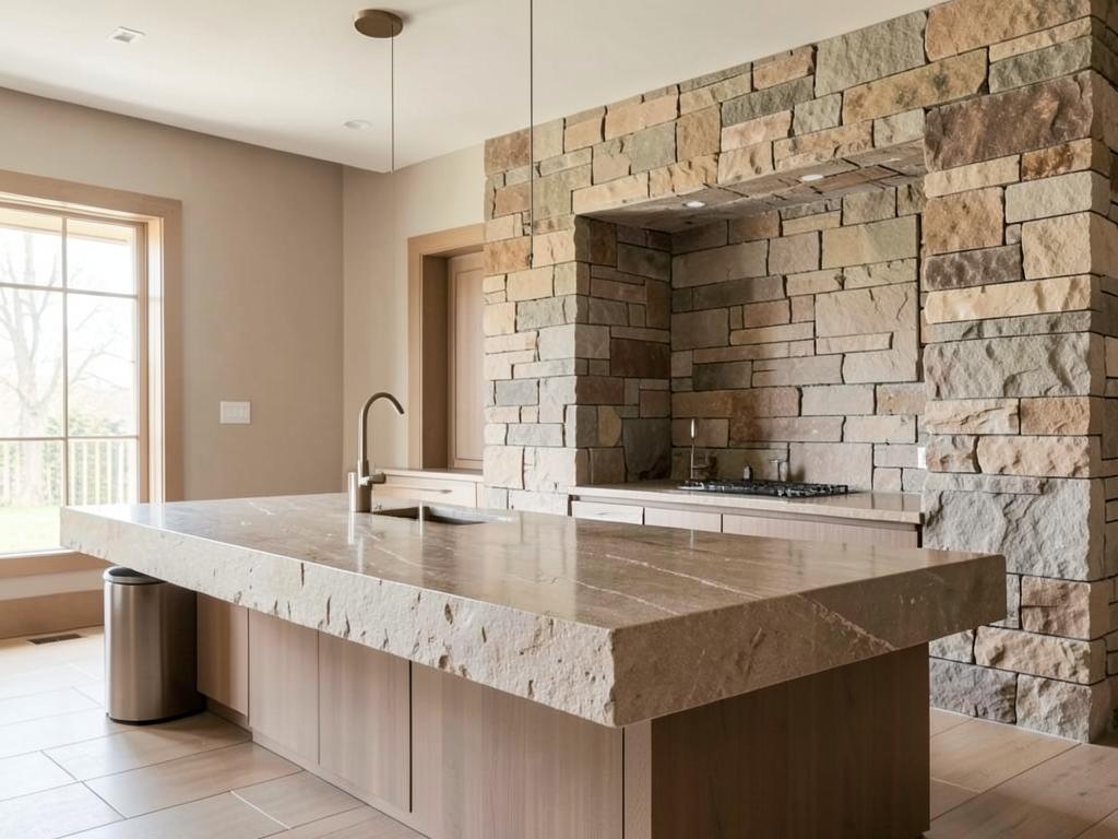 Custom fabricated stone bar top and stone wall detail in a modern home