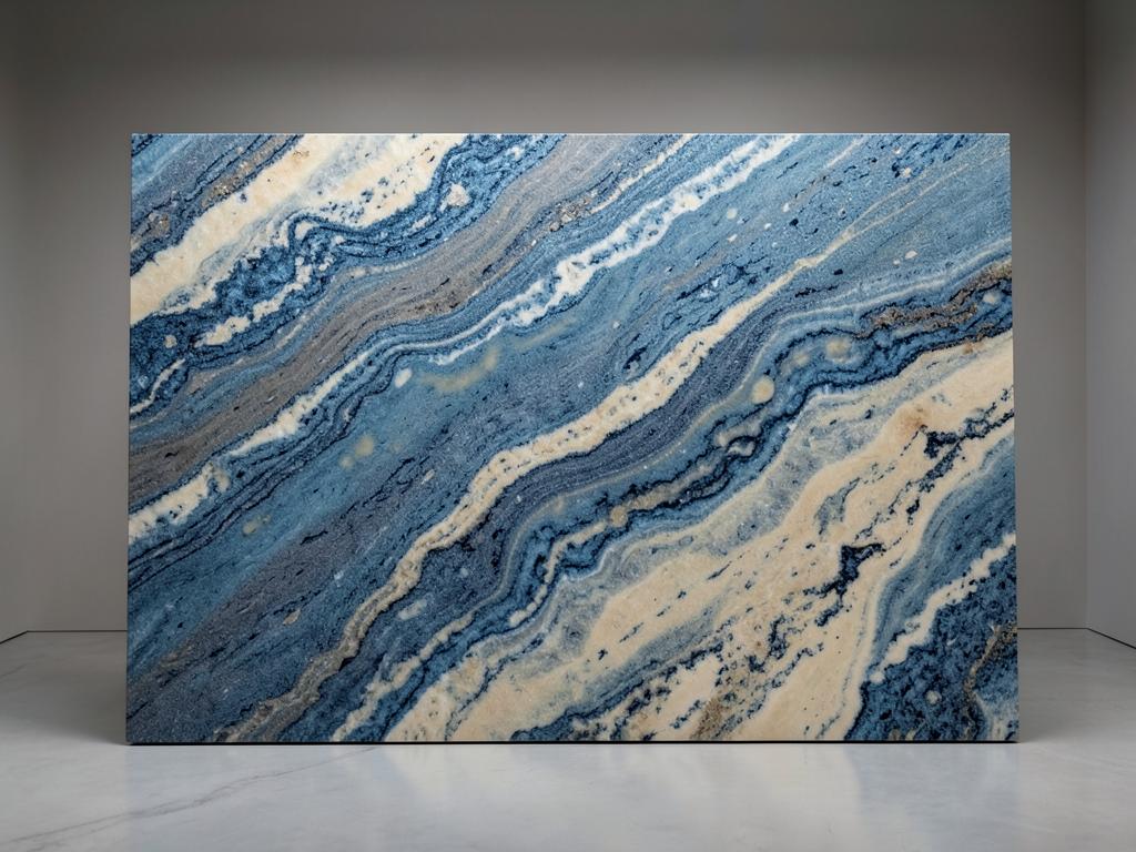 Blue Roma quartzite countertop material with blue, gray and cream layered movement
