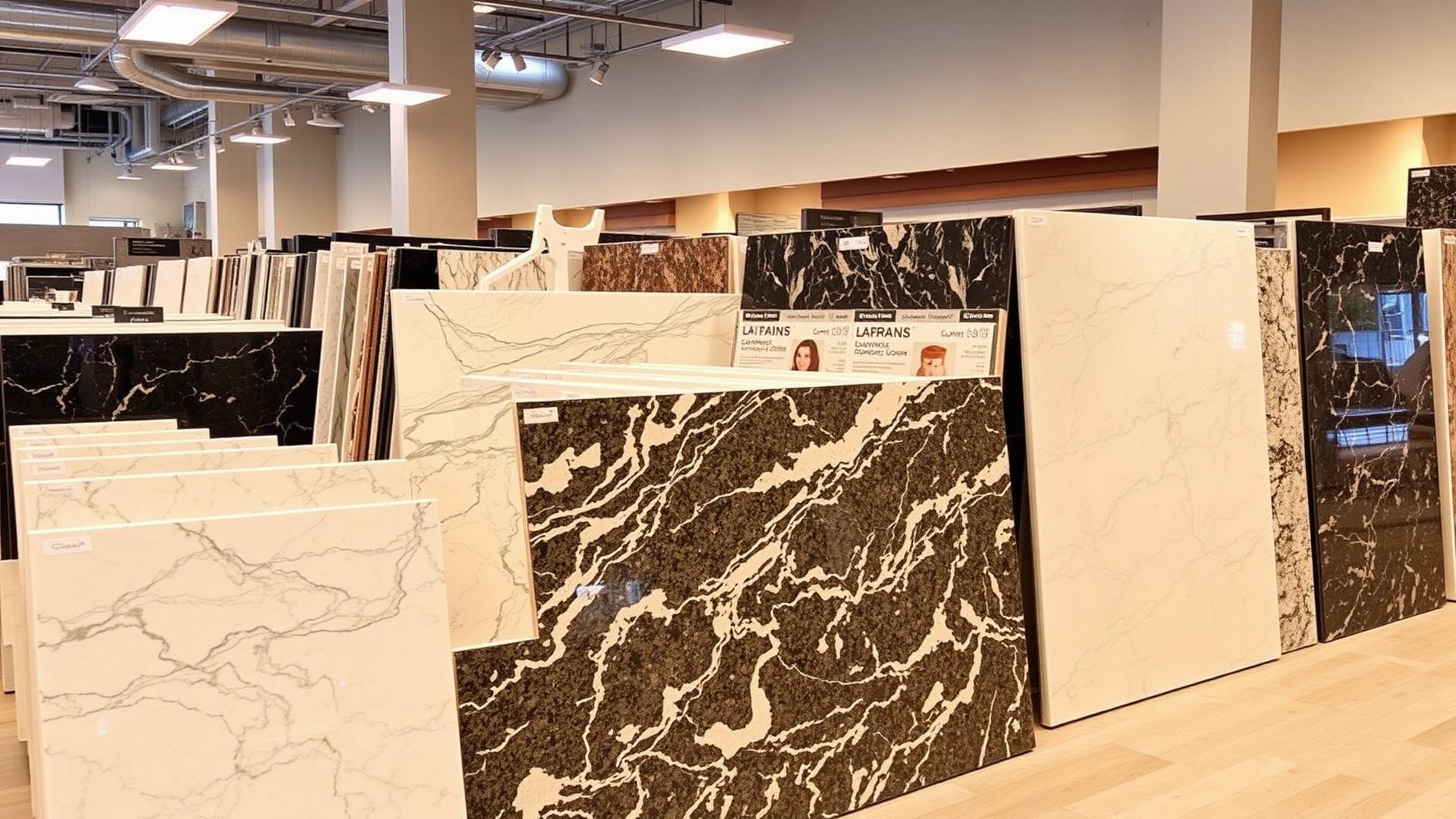 Countertop material slabs in COMAF showroom