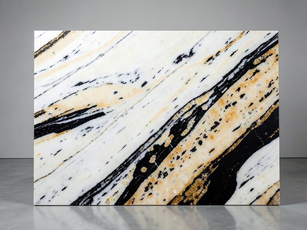Patagonia quartzite countertop material with white, black and gold dramatic movement