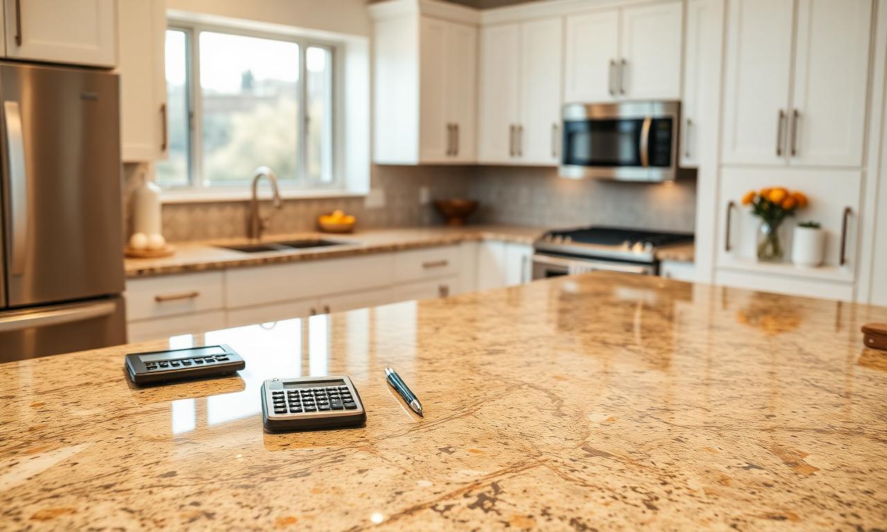 Granite kitchen countertop with a calculator and notepad in a bright El Paso kitchen