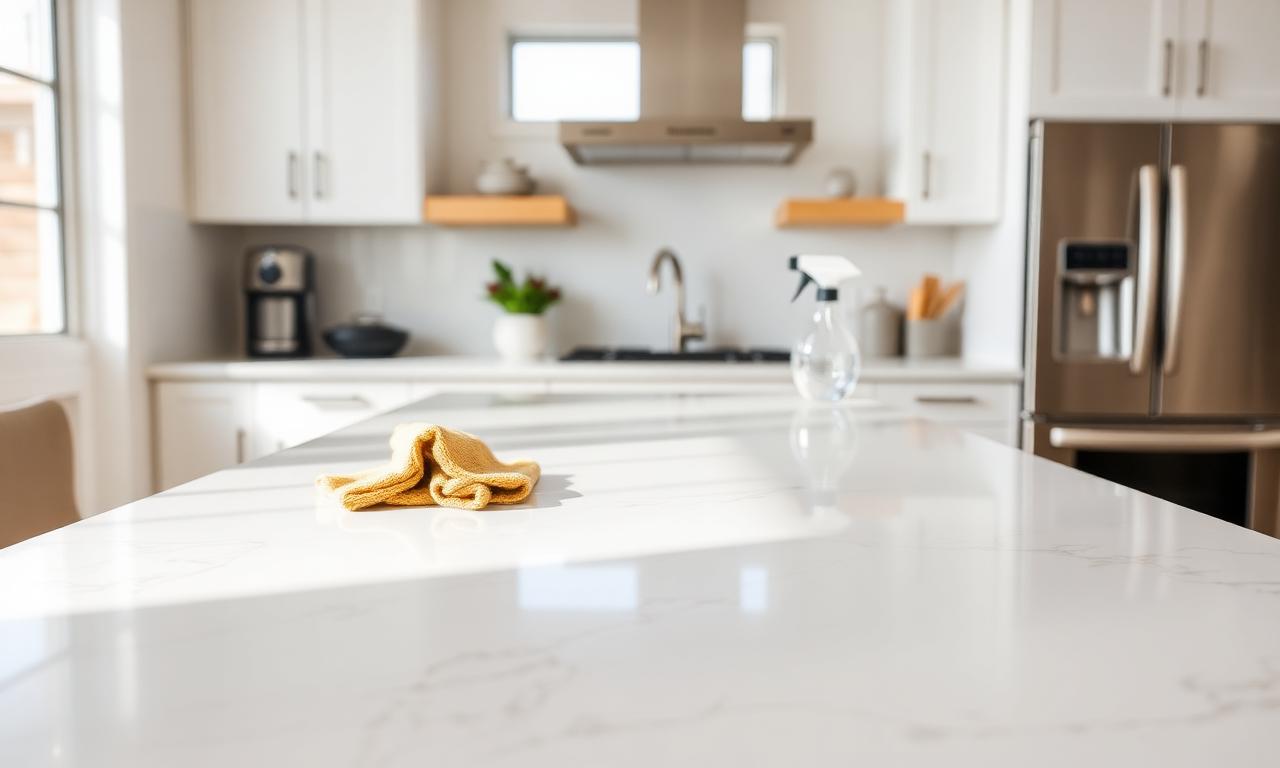 Clean white quartz kitchen countertop with microfiber cloth and spray bottle in an El Paso home