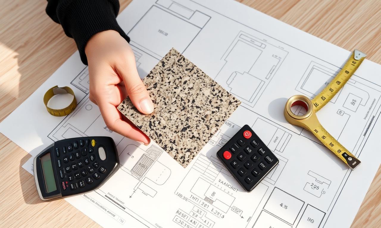 Designer holding a granite countertop sample over a kitchen blueprint with calculator and tape measure for an El Paso budgeting plan