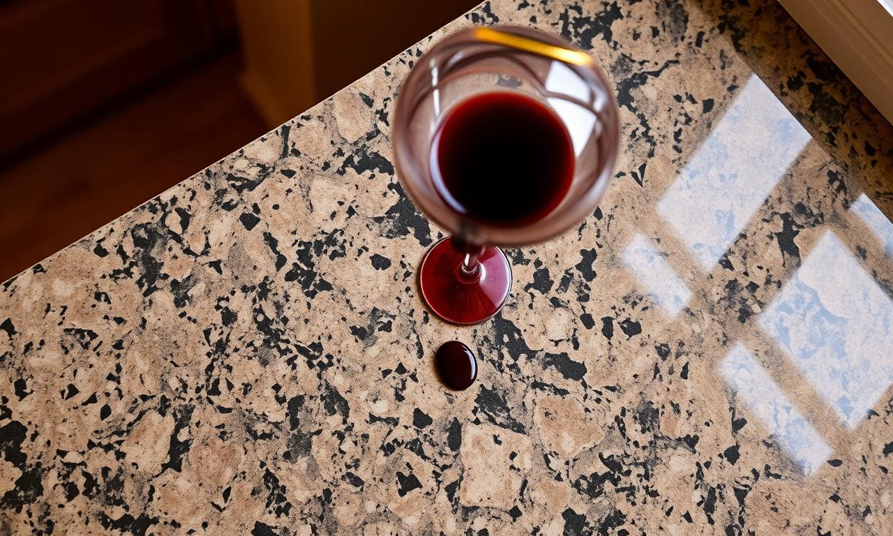 Polished granite countertop with a tipped wine glass and red wine spill in an El Paso kitchen