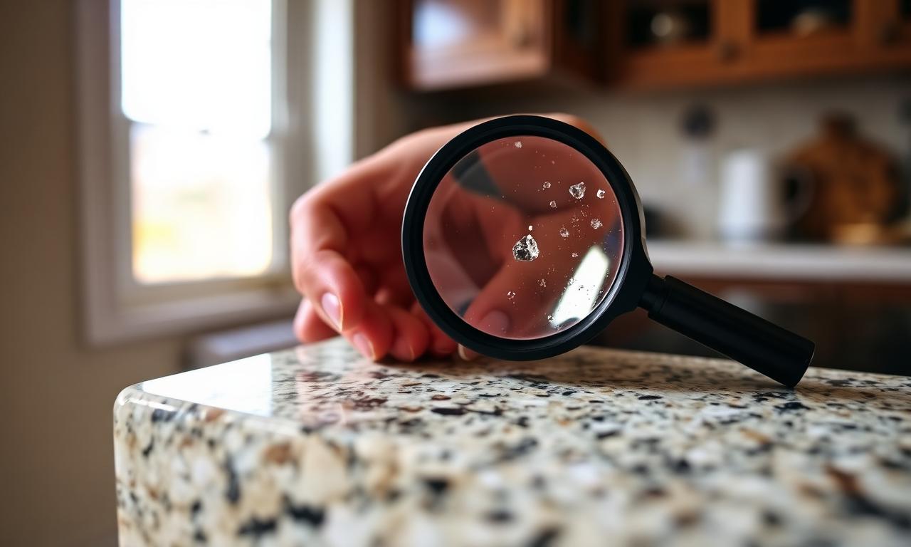 Magnifying glass inspecting natural granite countertop crystals in an El Paso kitchen