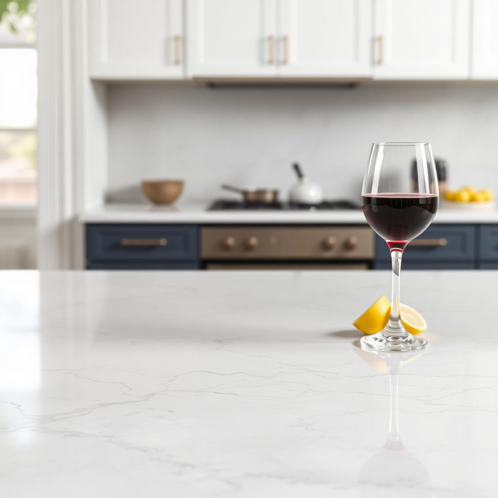 White marble countertop in a bright El Paso kitchen with a glass of red wine and lemon slices — common causes of marble staining and etching