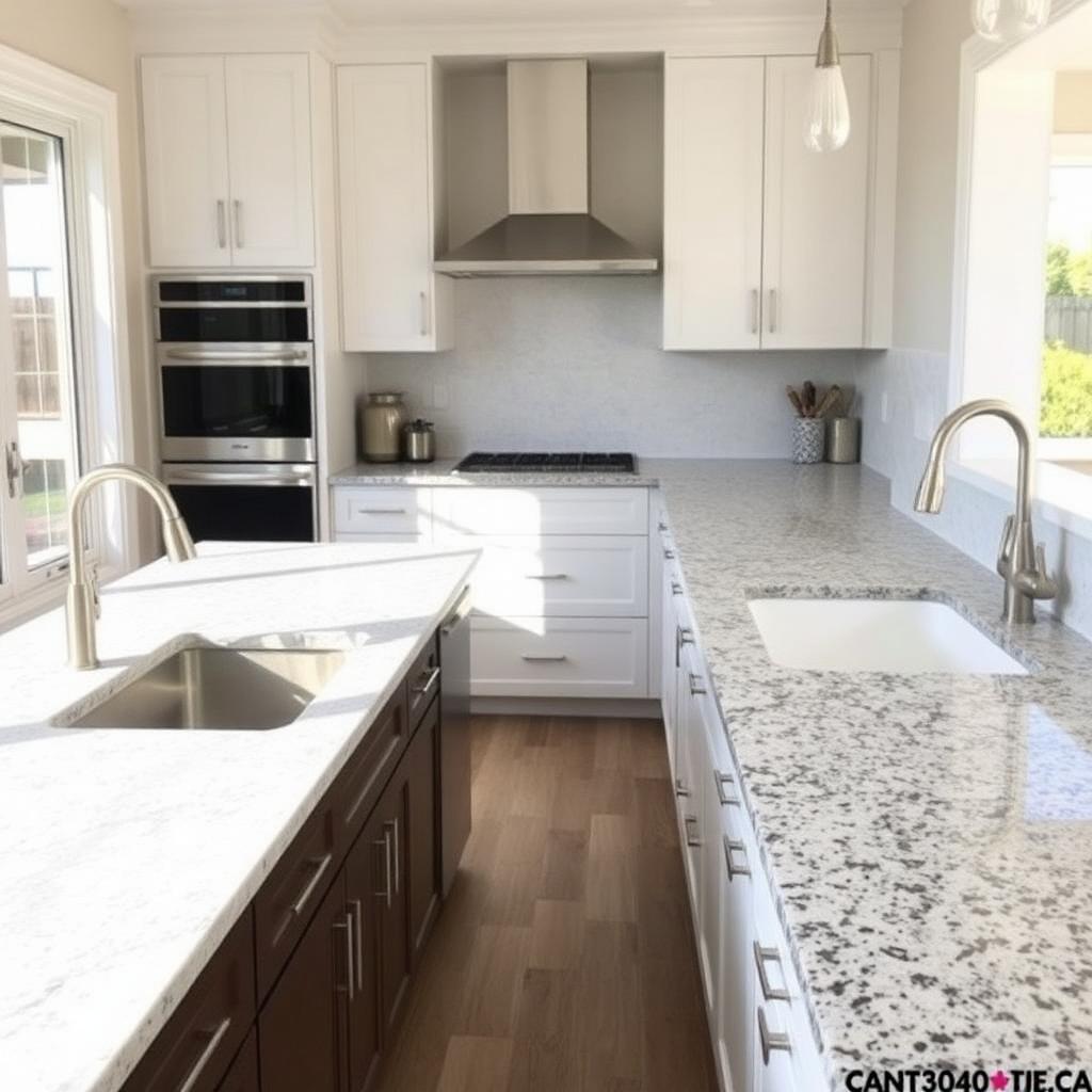 Quartz and granite countertop samples side by side in a bright El Paso kitchen