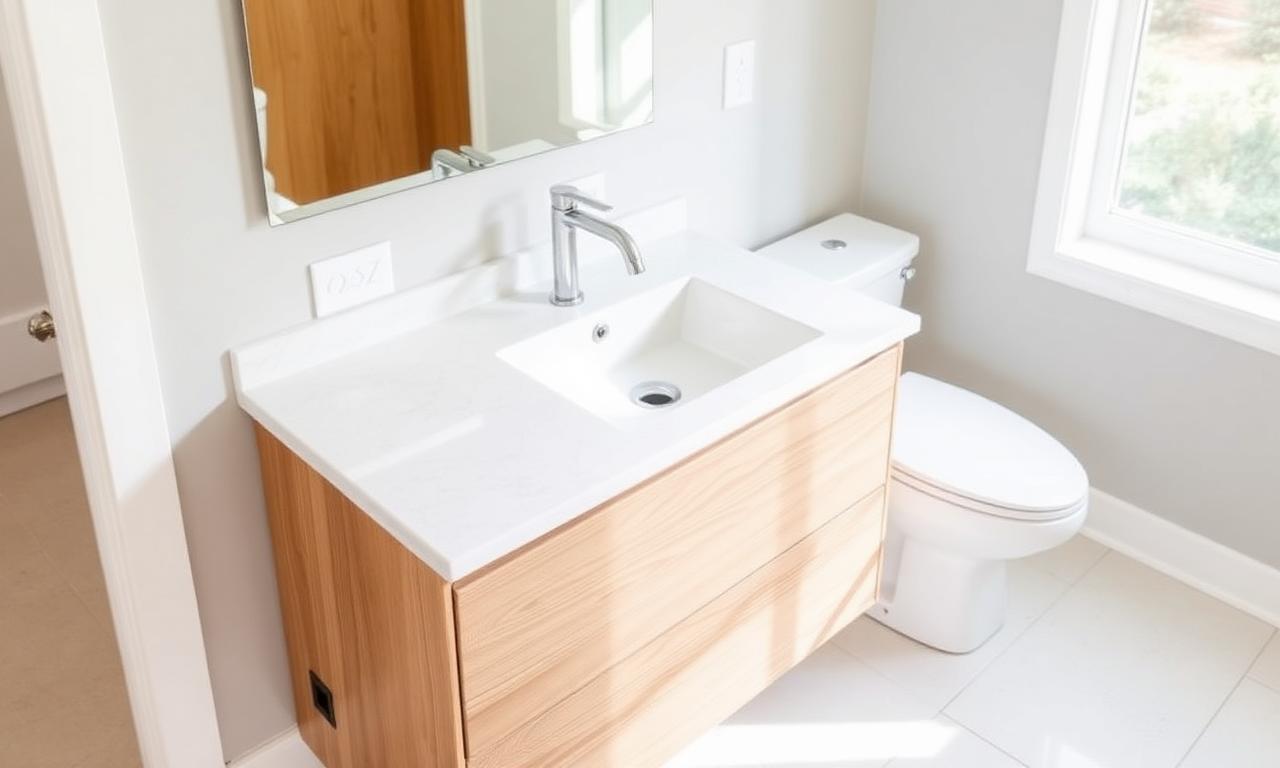 New quartz bathroom countertop installed on an existing oak vanity cabinet in an El Paso home