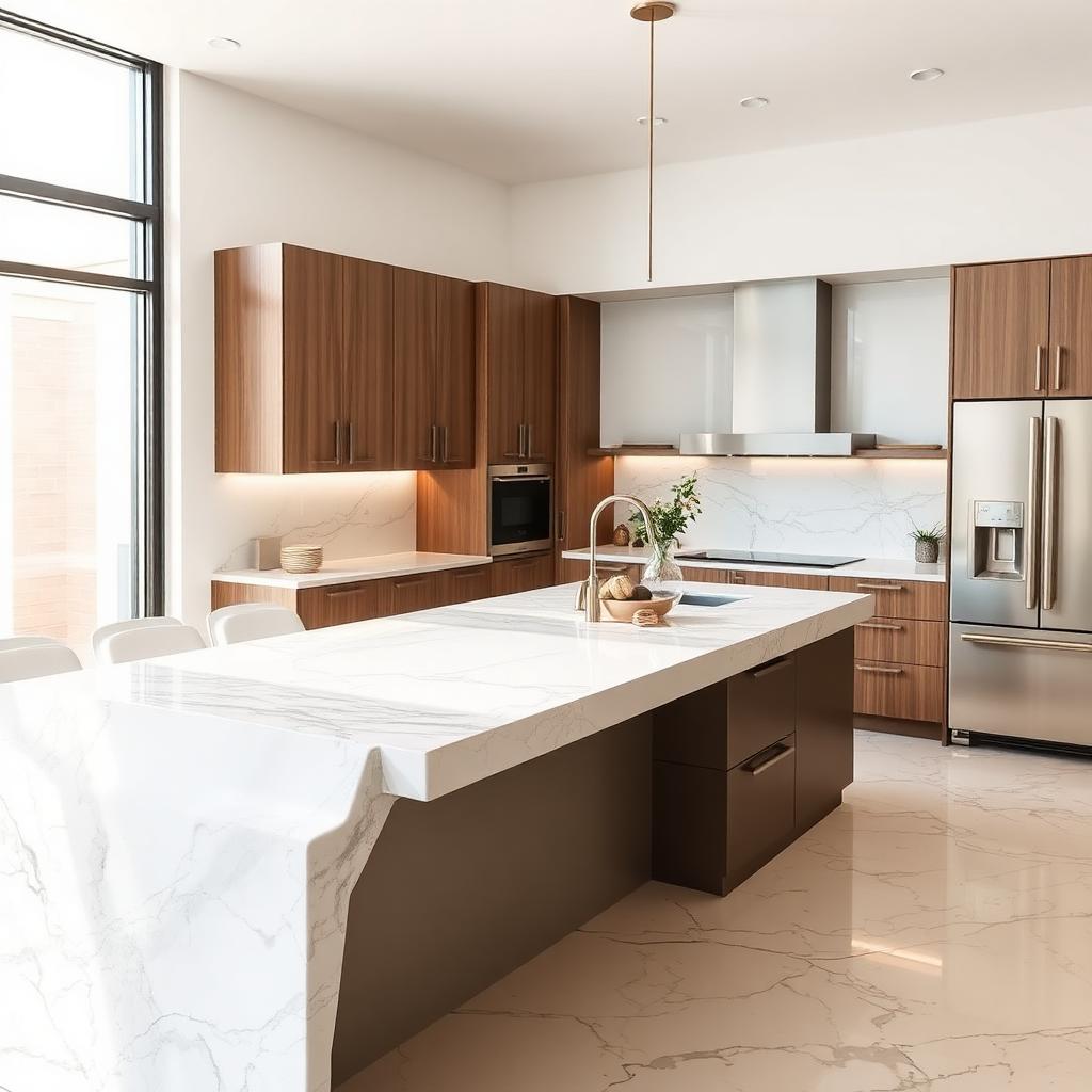Modern El Paso kitchen with white quartz waterfall island and quartzite countertops
