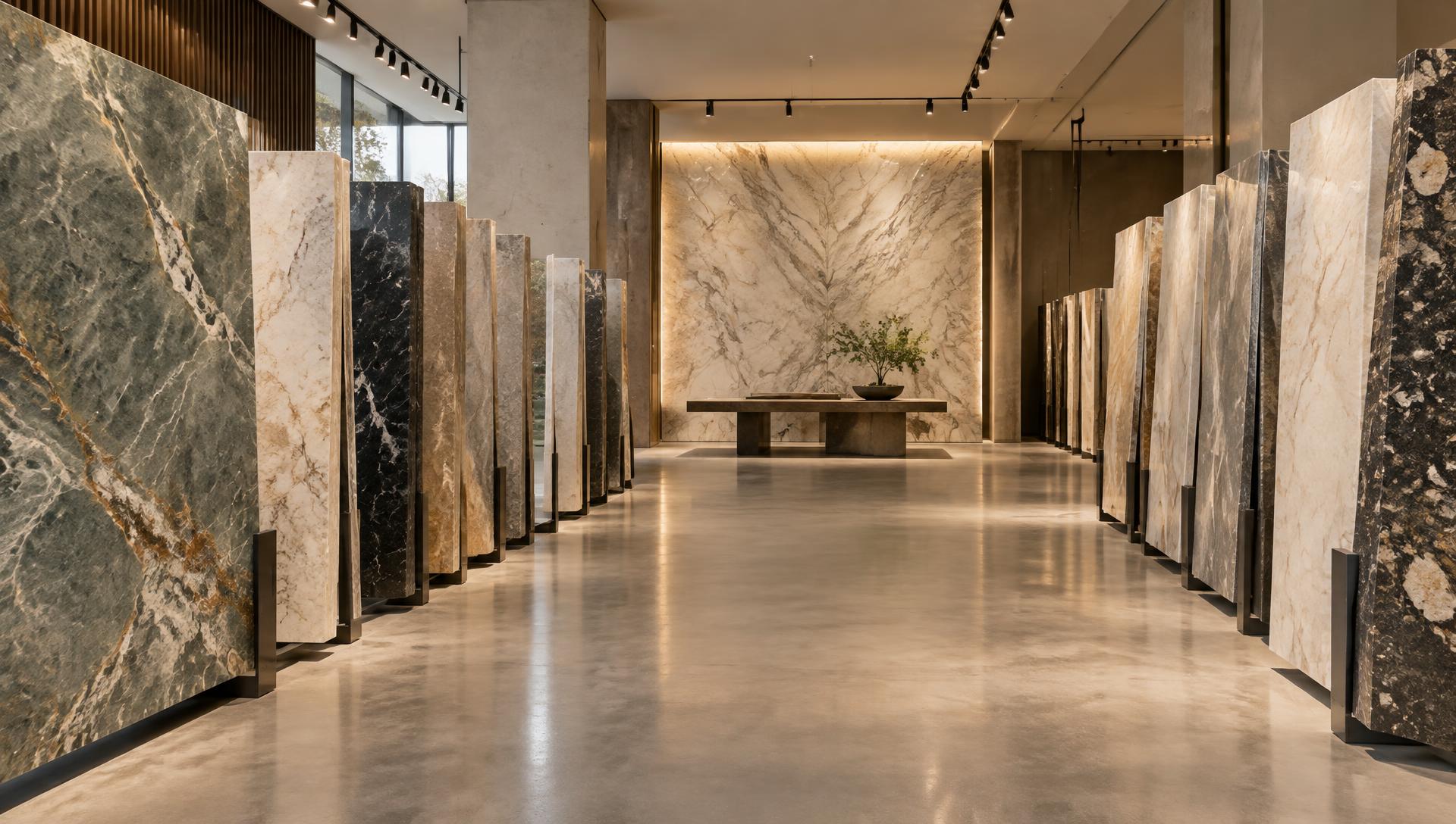 Natural stone slabs displayed upright in the COMAF Marble & Granite showroom in El Paso TX